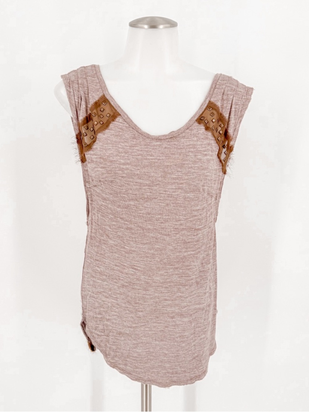 We The Free Brown Knit Tank with Studded Leather Accents